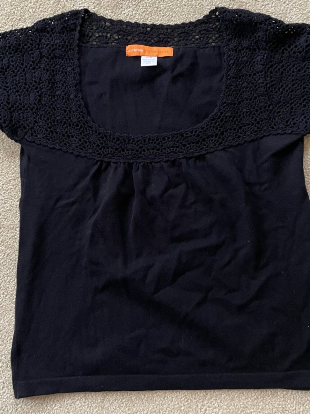 Cynthia Steffe Black Crochet Trim Sweater Tee | Boho Flowy Top | Size M